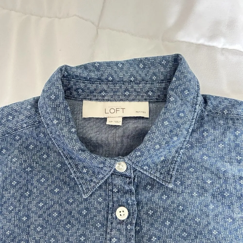 Ann Taylor Loft Long Sleeve Button Up Shirt Blue Diamond Pockets Womens Small S Size undefined - Image 3
