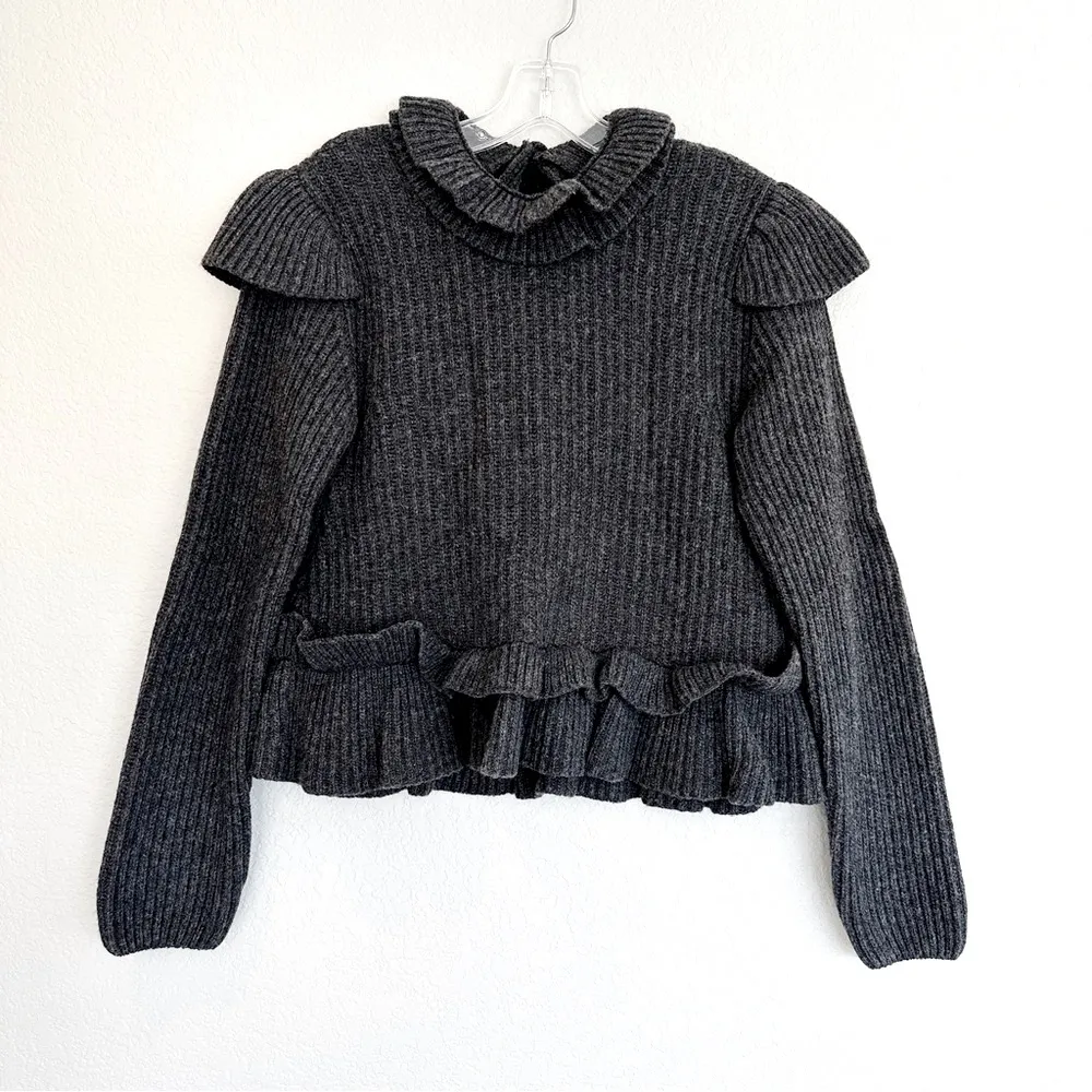 Ganni Charcoal Grey Wool Ruffled Open Back Phantom Sweater New With Tags Medium - Image 3