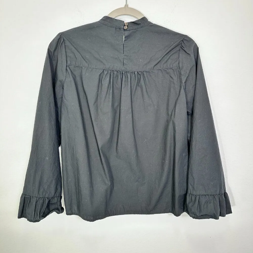 Maeve Anthropologie Black‎ Mock Neck Ruffle Hem Poplin Cotton Blouse Size 4 - Image 2