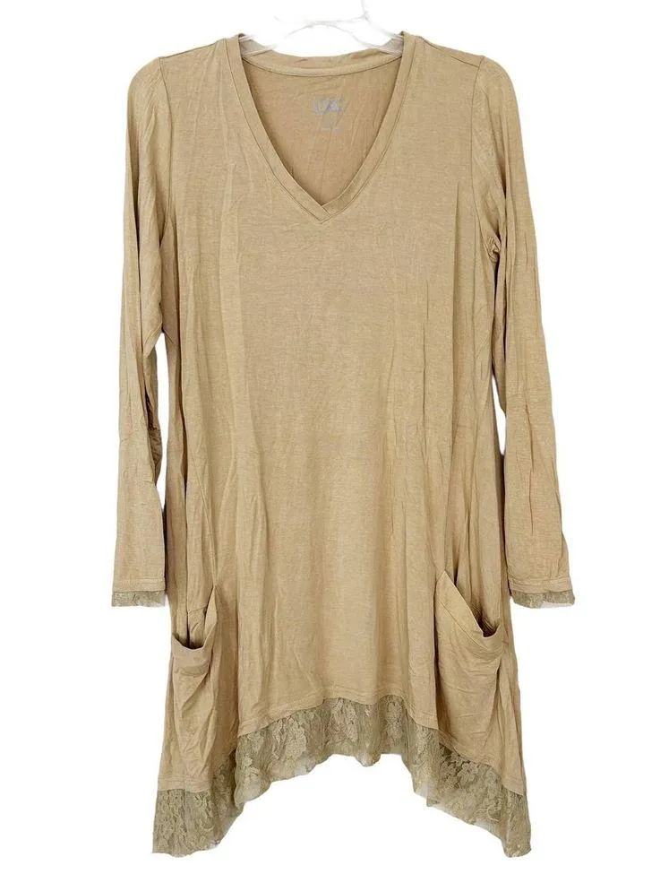 LOGO Lori Goldstein Tan Lace Detail Tunic Sz S - Image 5
