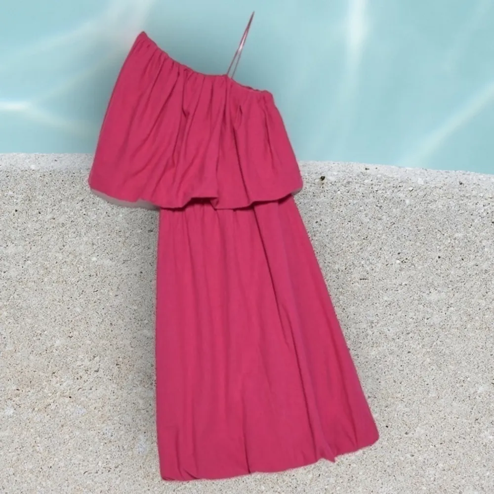 Zara Voluminous Asymmetric Bubble Skirt Dress Hot pink linen cotton Sz L - Image 2