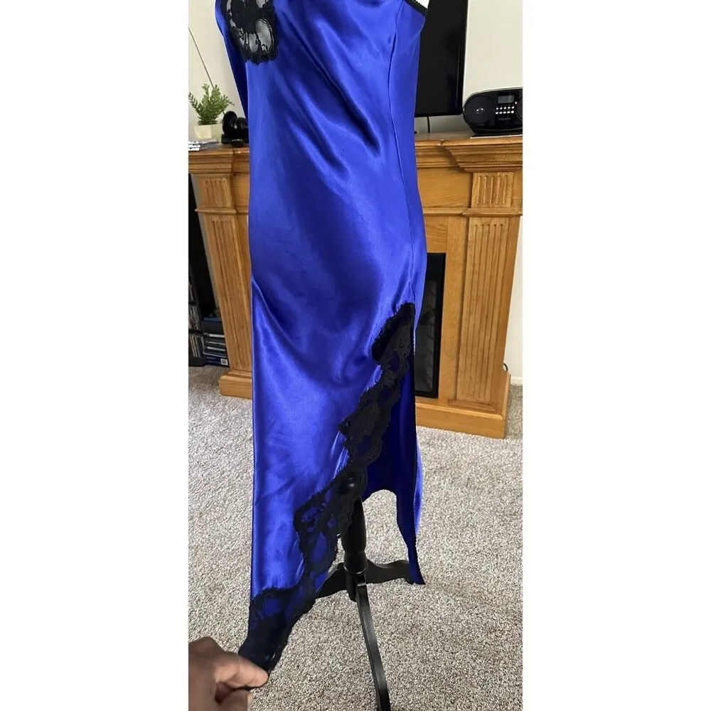 Vintage Satiny Lace Nightgown Side Slit Sexy Romantic Neglige’ Sapphire Blue - Image 6