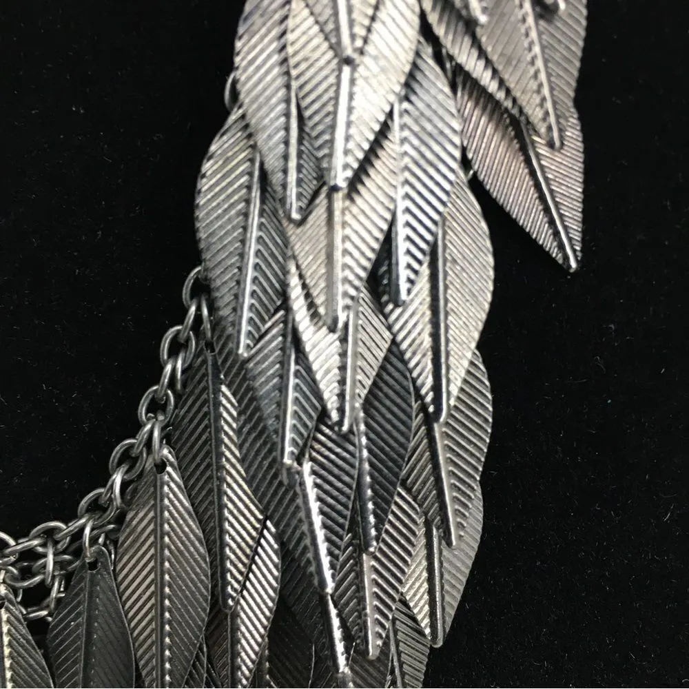 Vintage Metal Art Leaf Layered Waterfall Bib Statement Necklace Silver - Image 7
