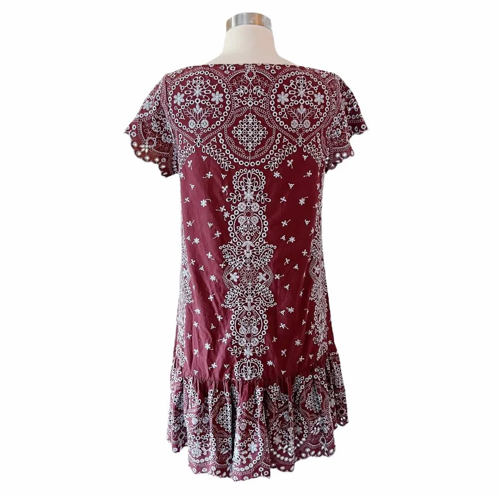 ANTHROPOLOGIE FEATHER BONE Ynez Maroon Dress Flounced Embroidered Eyelet Blue - Image 10