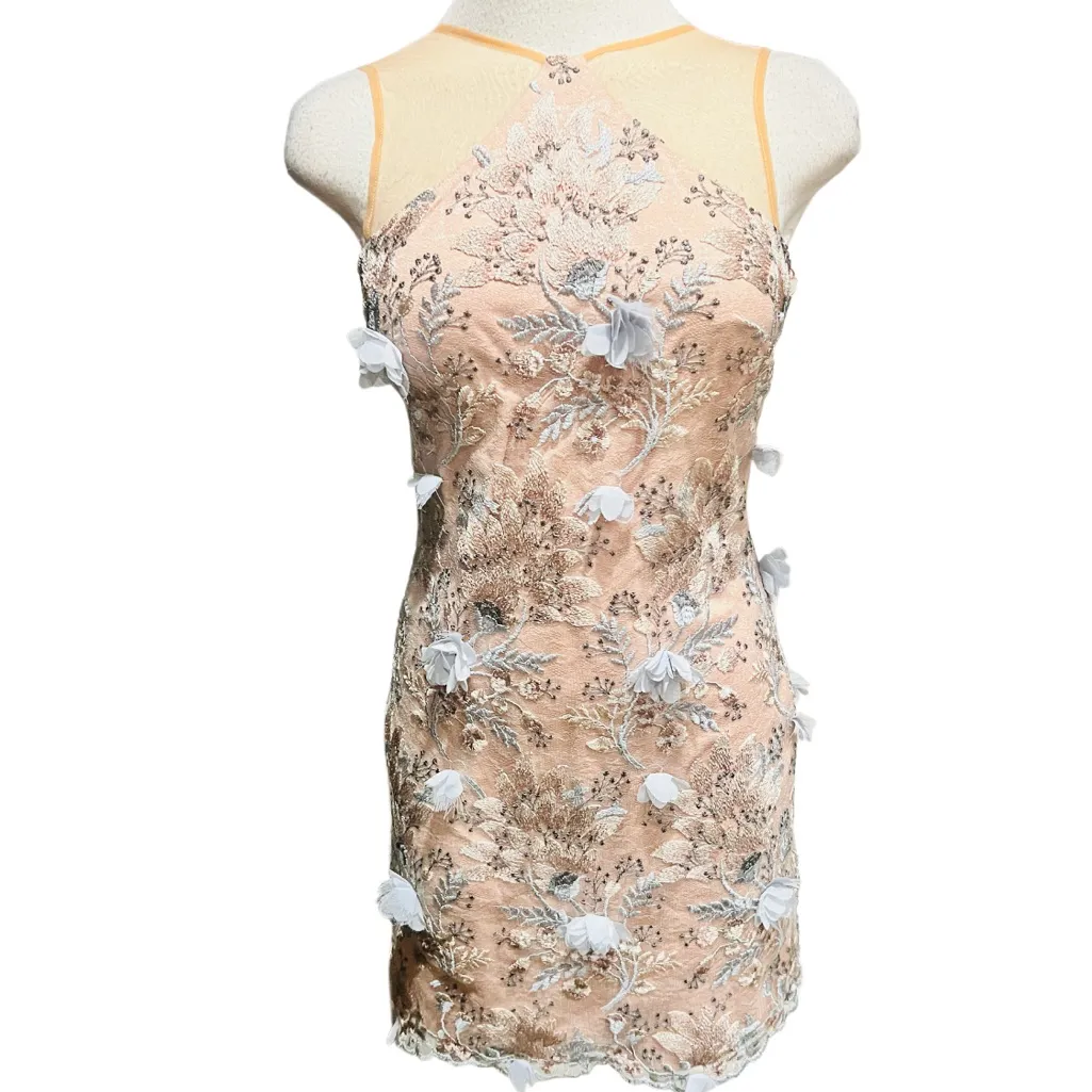 Dress the Population Lena Pink Floral Lace Embellished Illusion Dress Size XS - Image 4