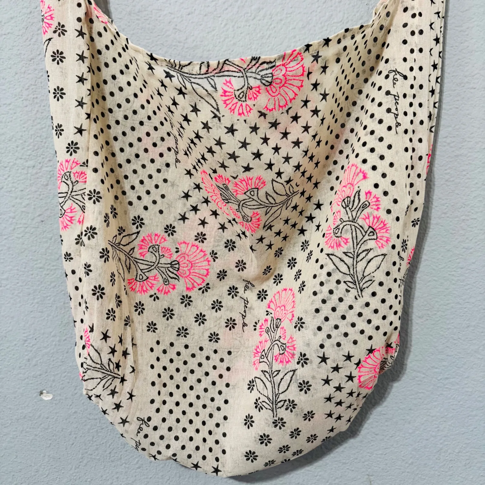 Free People Boho Floral Stars Polka Dot Sling Bag Cream Pink Black 19x23 in - Image 2