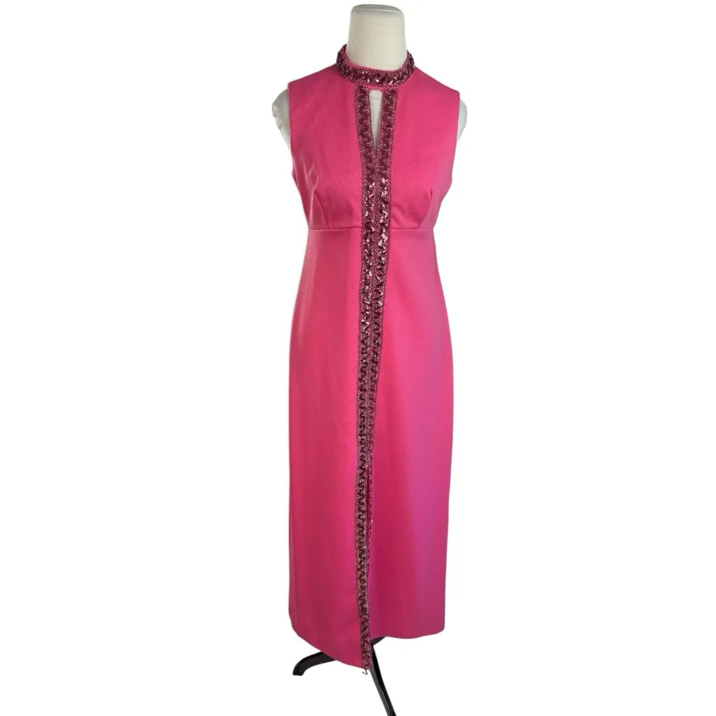 Vtg 60s Maxi Dress W/Jacket Womens S? Barbie Pink Empire Waist Palm Royale Party Size M - Image 3