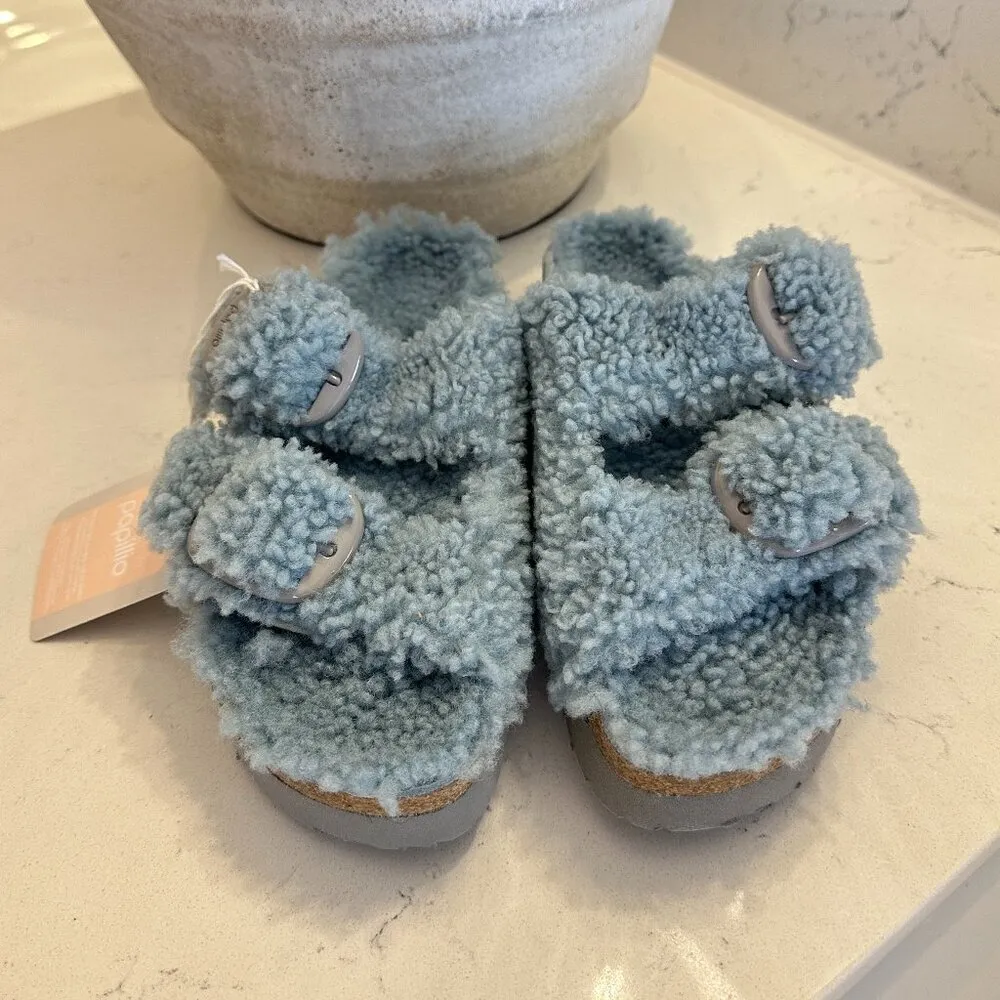 BIRKENSTOCK Arizona Big Buckle Genuine Shearling Slide Sandal in Faded Aqua - Image 3