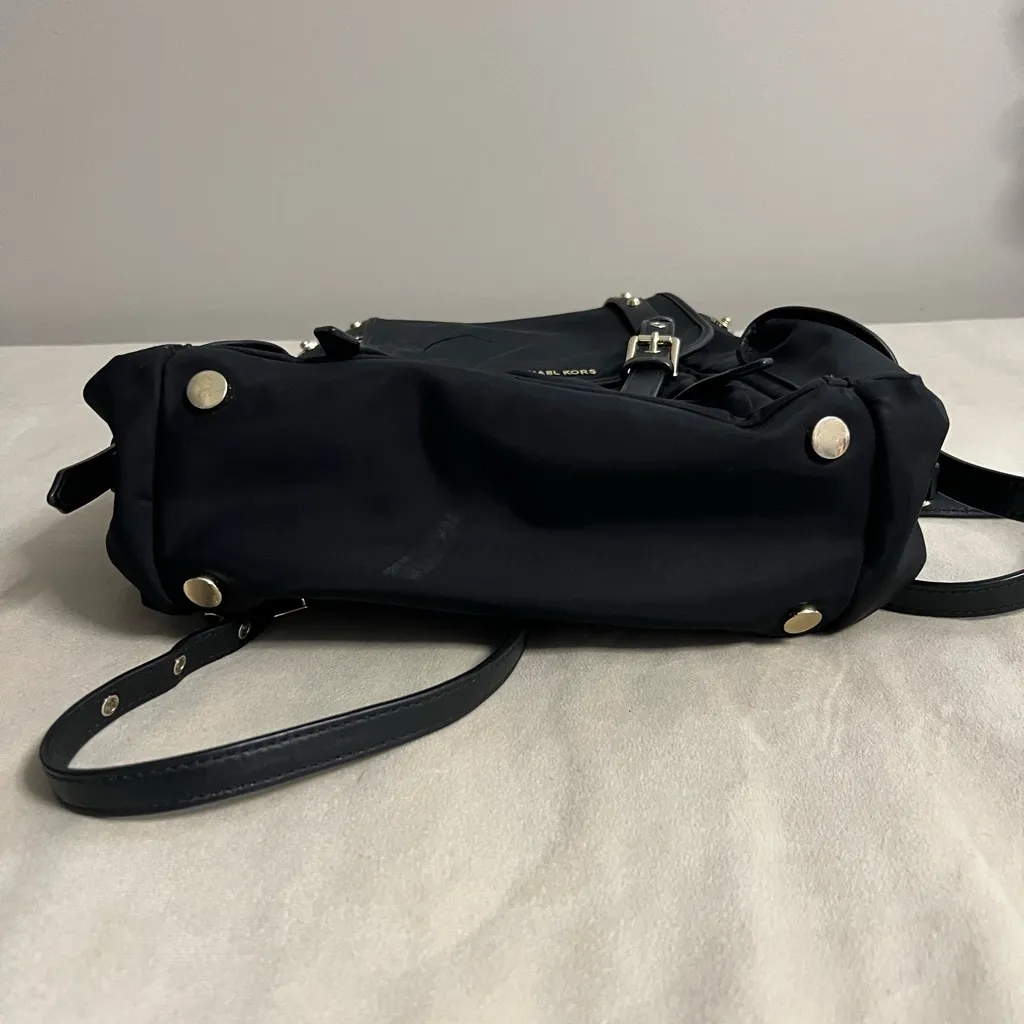 🖤 MICHAEL Michael Kors Leila Small Flap Backpack – Black Gold Studded Nylon - Image 8