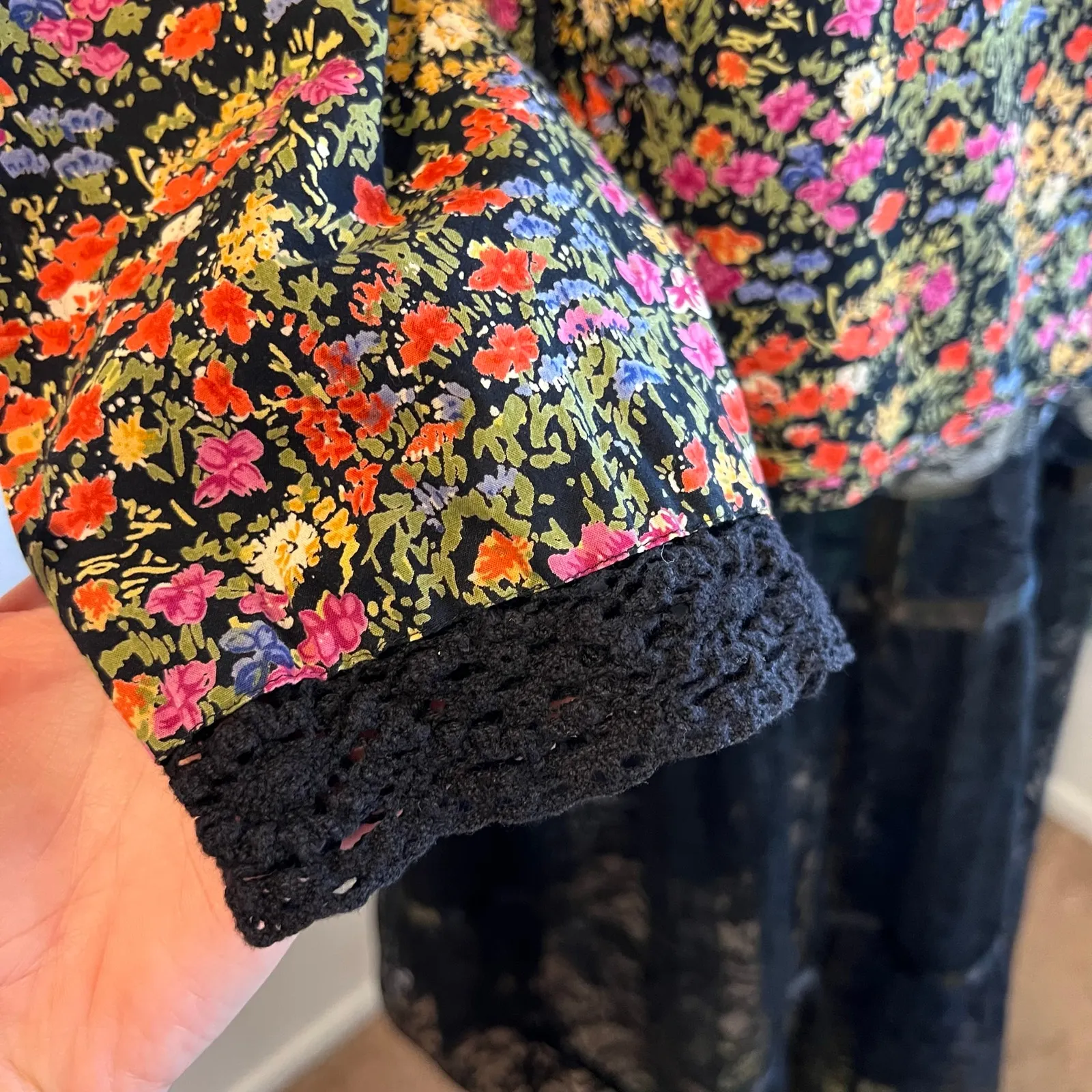 90s Black Moody Floral Print Cotton Crochet Indie Blouse Size 14 India Made Size L - Image 11