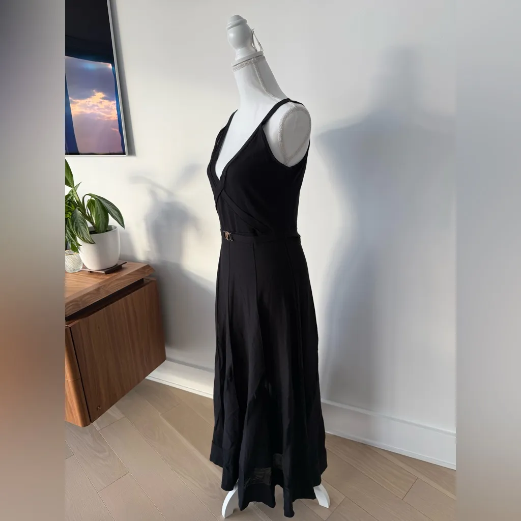 Versace Black Sleeveless V-Neck Midi Dress with Gold Medusa Belt & Sheer Hem - Image 10