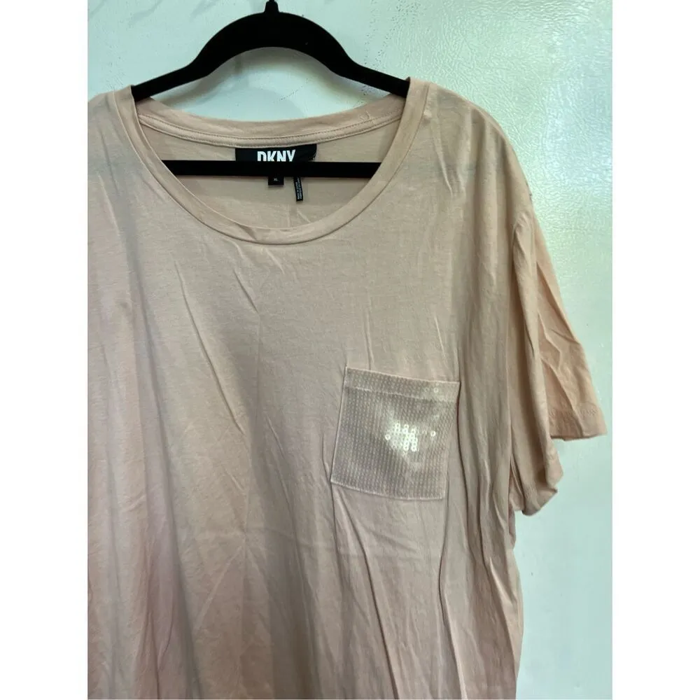 DKNY Pink T-Shirt With Sequin Front Pocket Woman’s Size XL-Spot On Front - Image 2