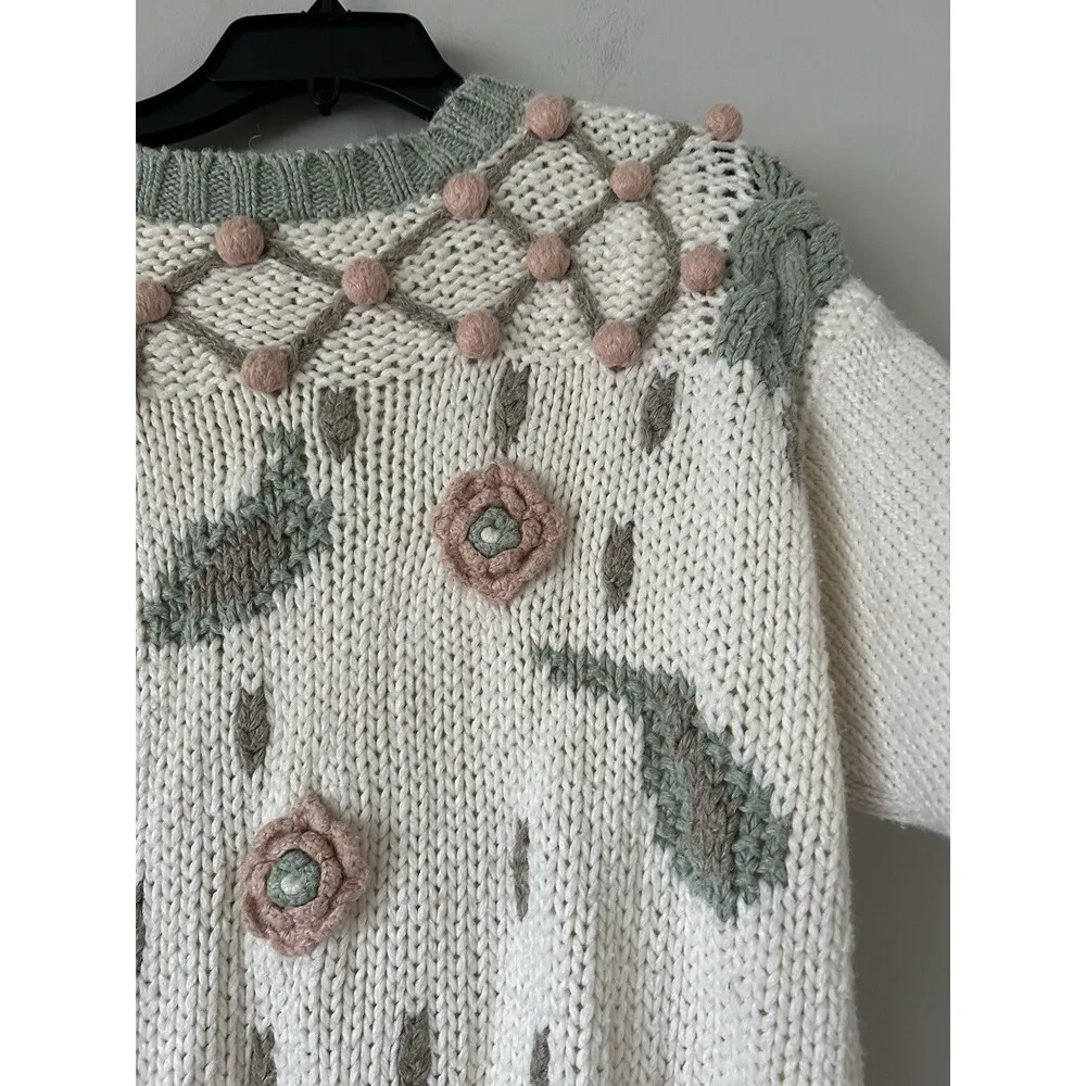 Carolina Colours Vintage Knitted Floral Embroidered Pastel Funky Sweater Size M Green Size M - Image 3