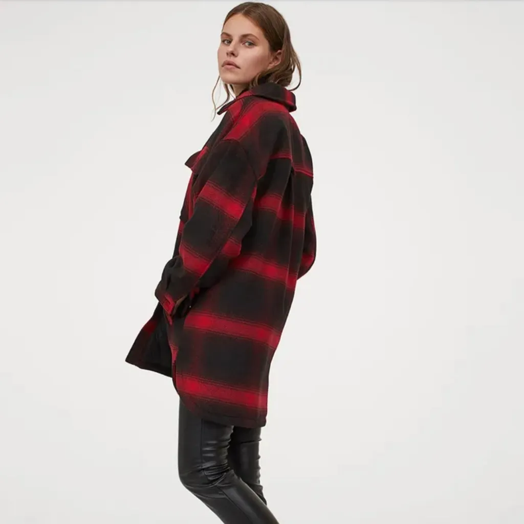 H&M Oversized Red/Black Plaid Shacket - Image 2