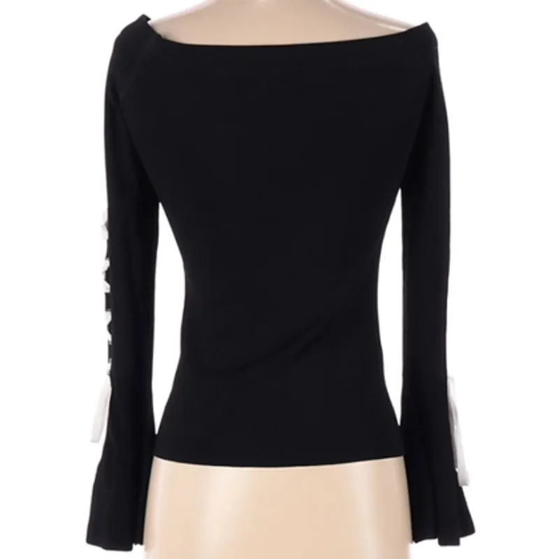 Scripted Off-The-Shoulder Contrast Lace-Up Bell Sleeve Sweater Size Small - Image 3