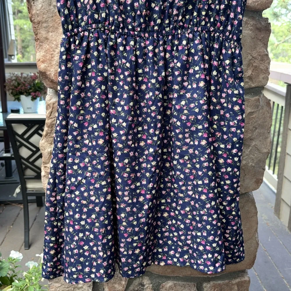 Sleeveless Navy Blue Tulip Floral Fit & Flare Dress Sundress Size LARGE - Image 3