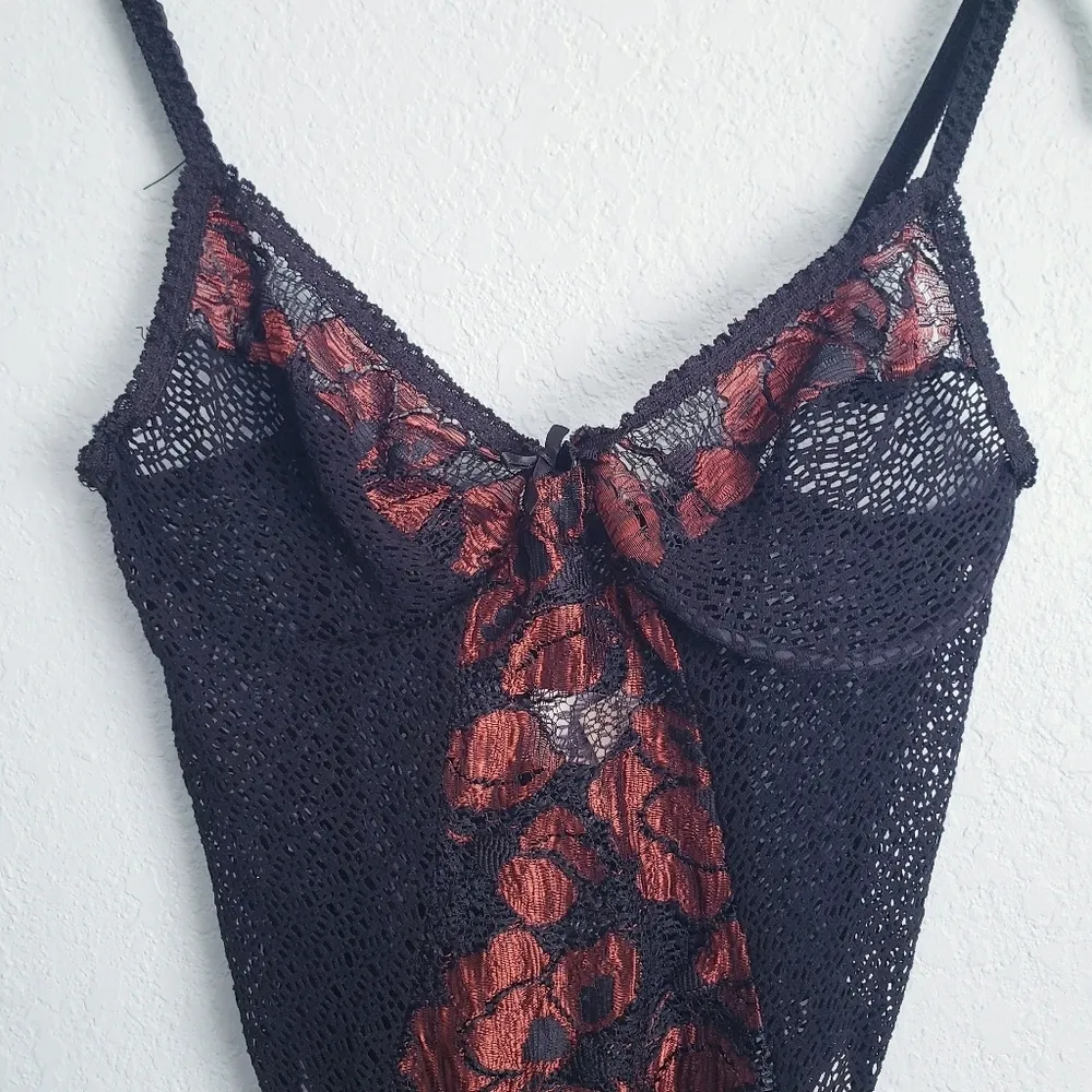 Vintage Union Made Alana Gale Black and Red Lace Mesh Floral Lingerie Bodysuit Size L - Image 4