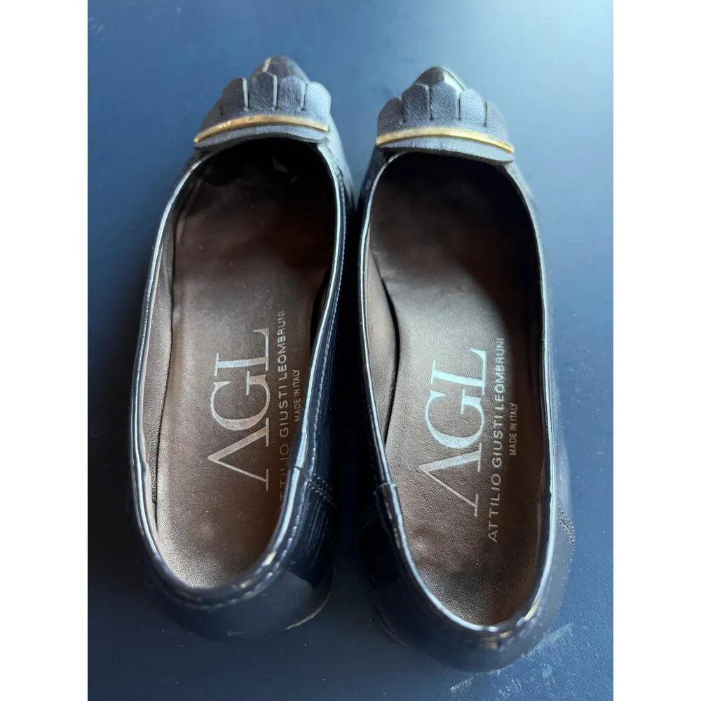 AGL Designer Pointed Toe Fringe Career Flats Navy Gold Leather Italian Size 6.5 Blue - Image 9
