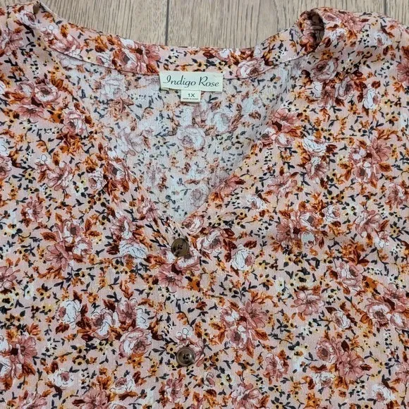 Indigo Rose Plus 1X 14 16 Pink Peach Floral Babydoll Blouse Tunic Top Shirt - Image 2