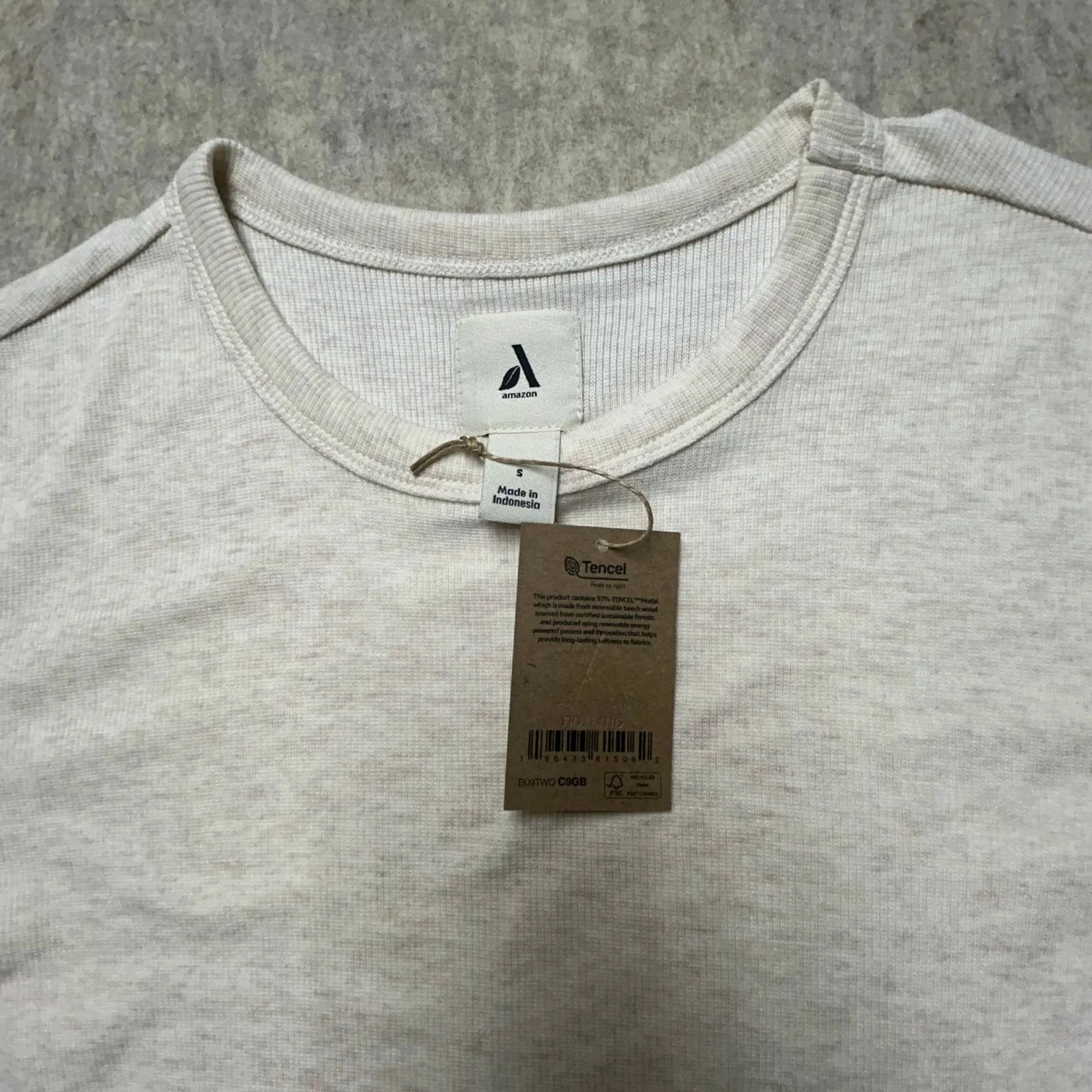 NWT Amazon Women's Basic Cream Shirt Modal Blend Rib Knit Elbow Sleeve Top Small - Image 3