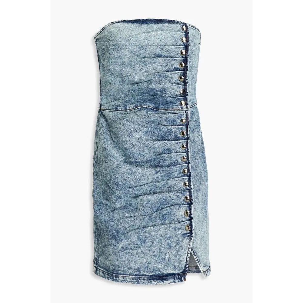Retrofete Megh Strapless pleated Denim Mini Dress Marble Sky Button Front XS - Image 13