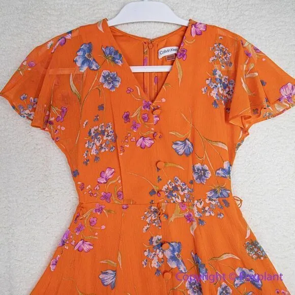 NEW‎ CALVIN KLEIN Women's V-Neck Short-Sleeve Chiffon A-Line Dress - Image 6