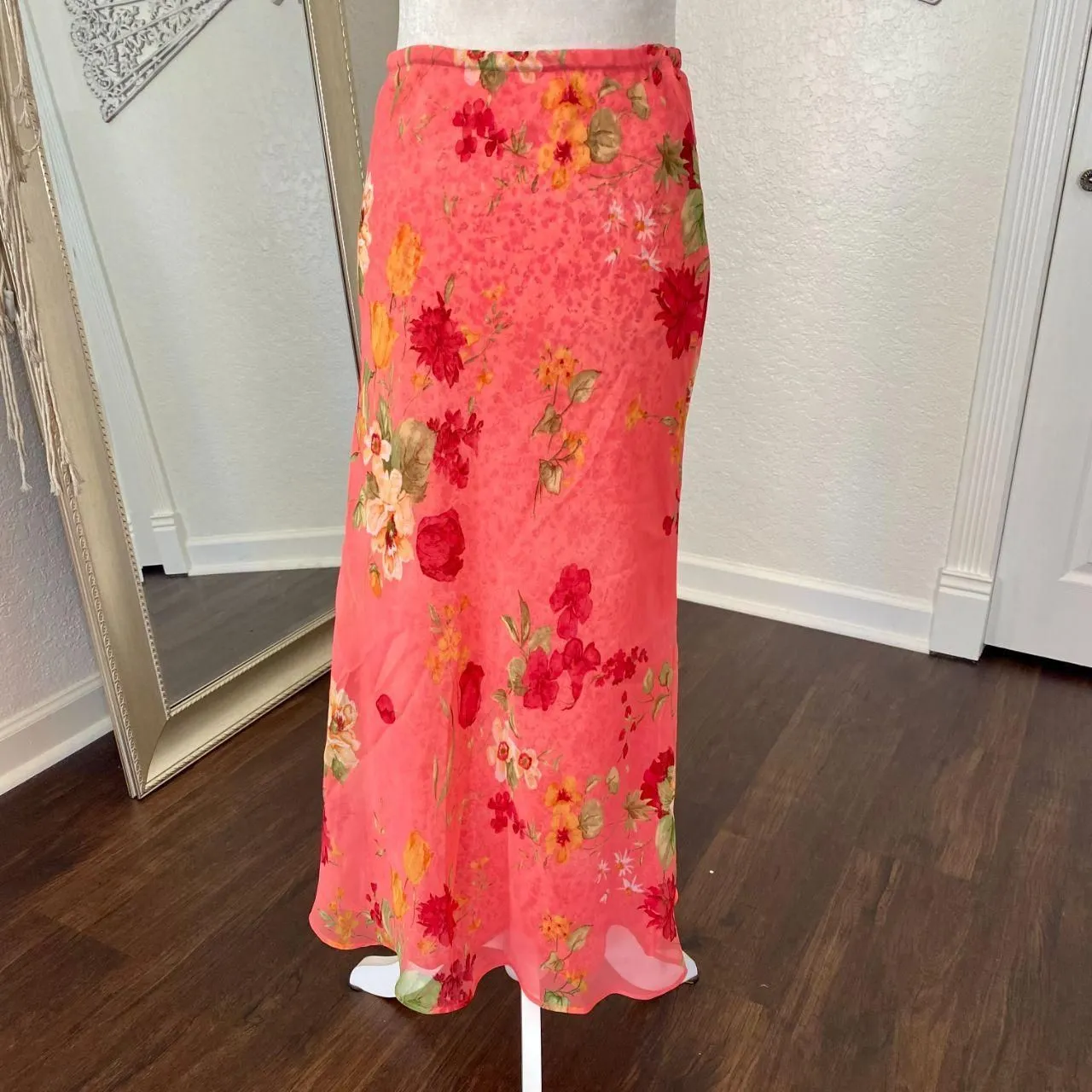 Early 2000's Pink Orange Red Flower Floral Fairy Reversible Mesh Maxi Skirt S M - Image 3
