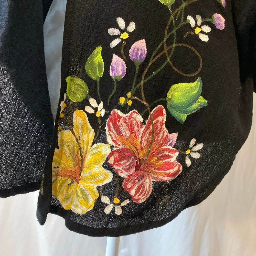 Ana Rosa Mexico La Prenda Heche Arte Handpainted Floral Art Kimono Blouse Top Black - Image 6