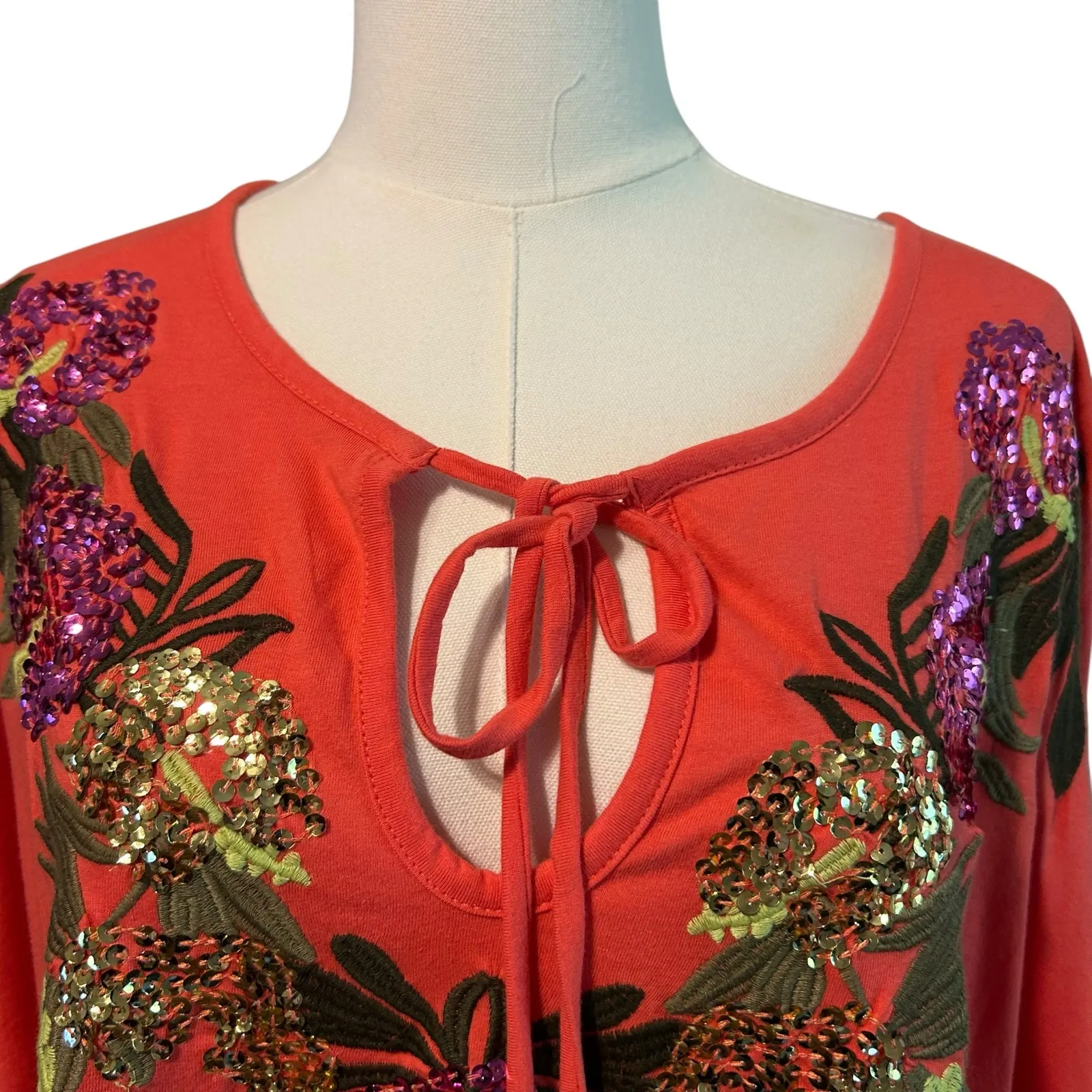 Roamans Top Poncho NWOT 3X 30/32 Embroidery Sequins Tassel Tie Art to Wear Orange - Image 3