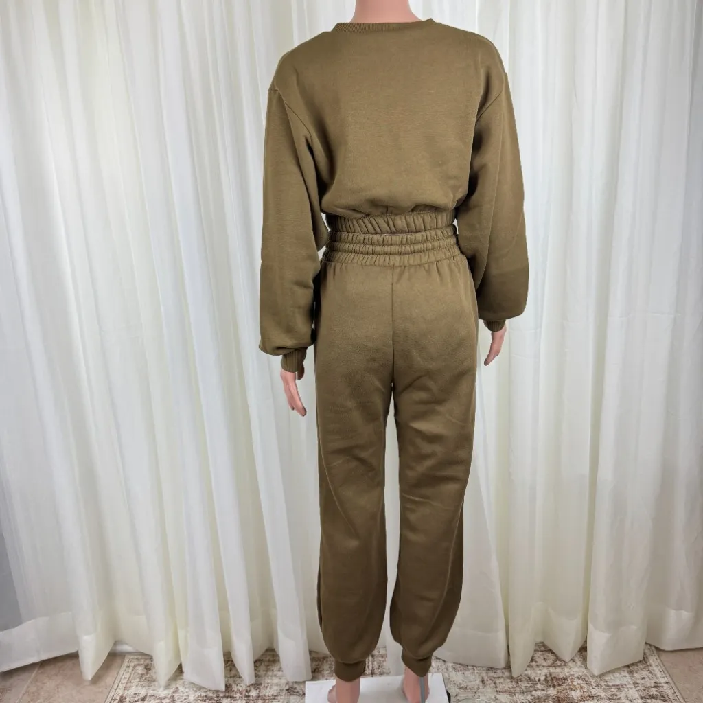 Zenana 2 Pcs Crop Top Tracksuit Jogger Pants Set Outfit Workout Active Lounge Olive Green Size Large - Image 5