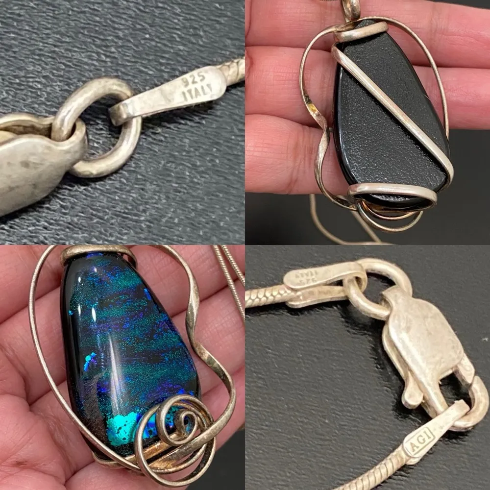 Unique Vintage Blue Foiled Dichroic Glass Wire Wrapped Pendant 925 Necklace 20g. - Image 15