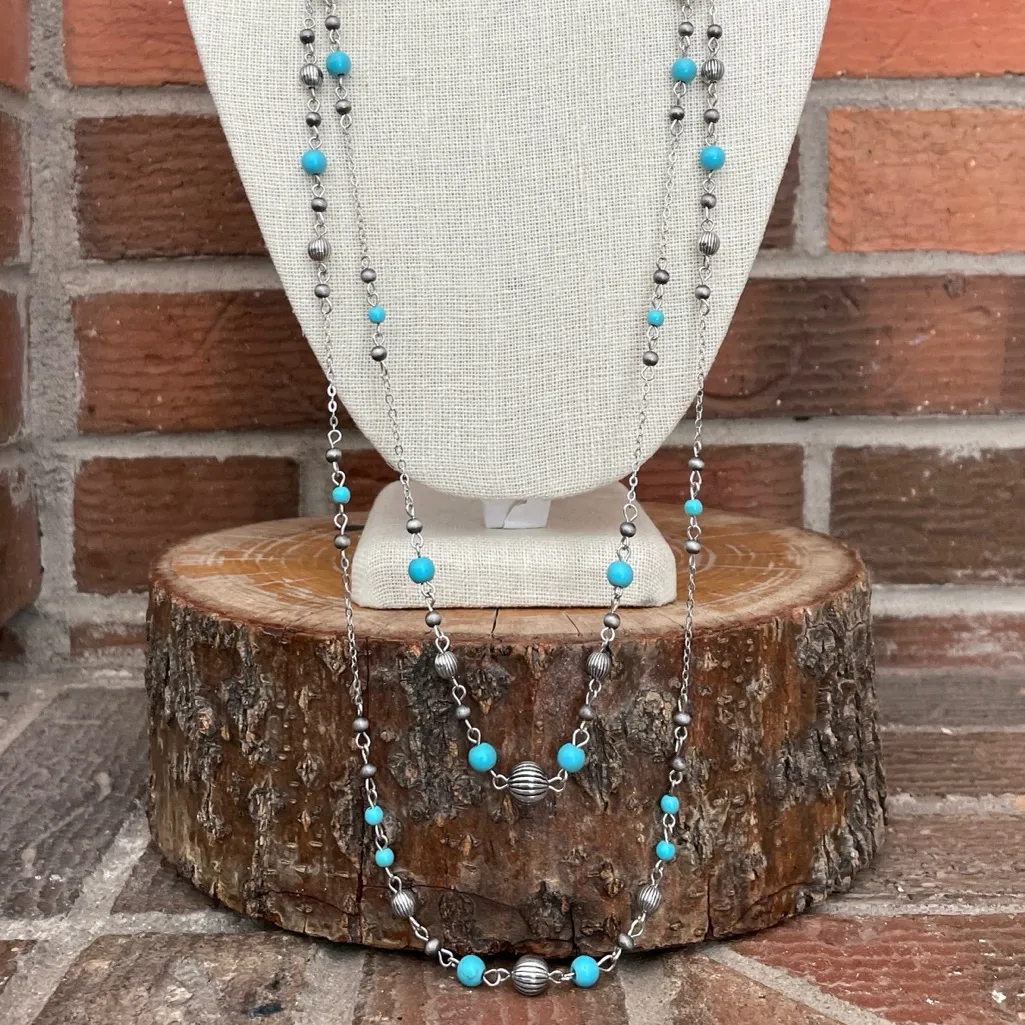 Layered Navajo Style Pearl & Turquoise Spaced Bead Necklaces Silver - Image 2