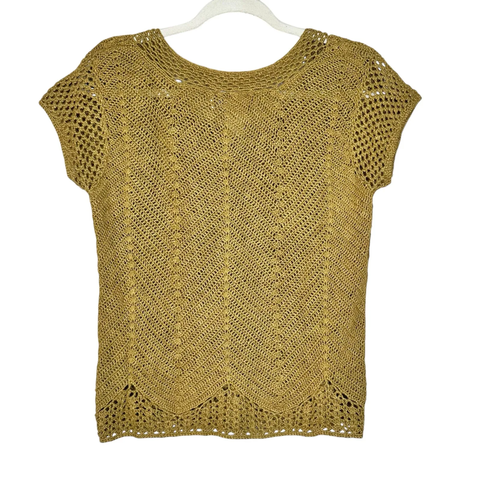 Vintage Jones Wear Ramie Cottagecore Knit Boho Brown Mustard Cap Sleeve Top Sz L - Image 3