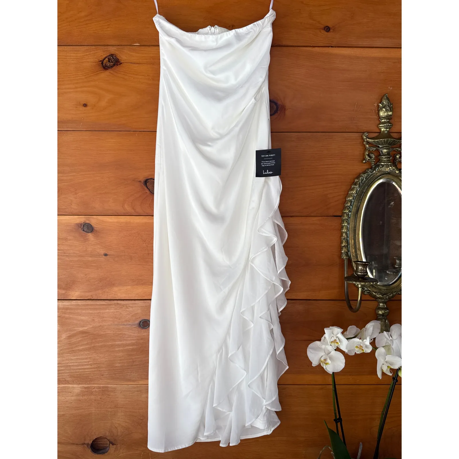 NWT Lulus Graceful Perfection White Satin Ruffled Strapless Midi Dress Banquet S - Image 2