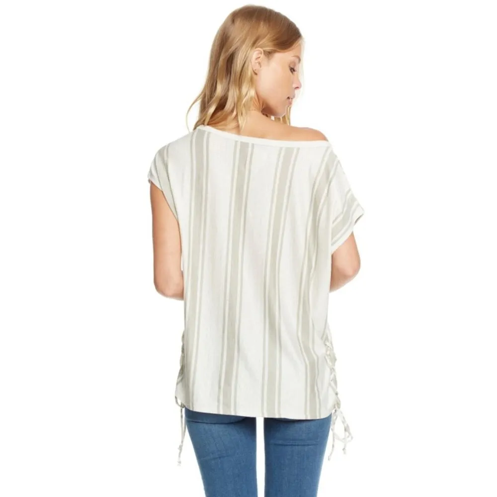 NEW Chaser Linen Striped Lace-Up Corset Dolman Short Sleeve Natural Fiber Edgy - Image 2