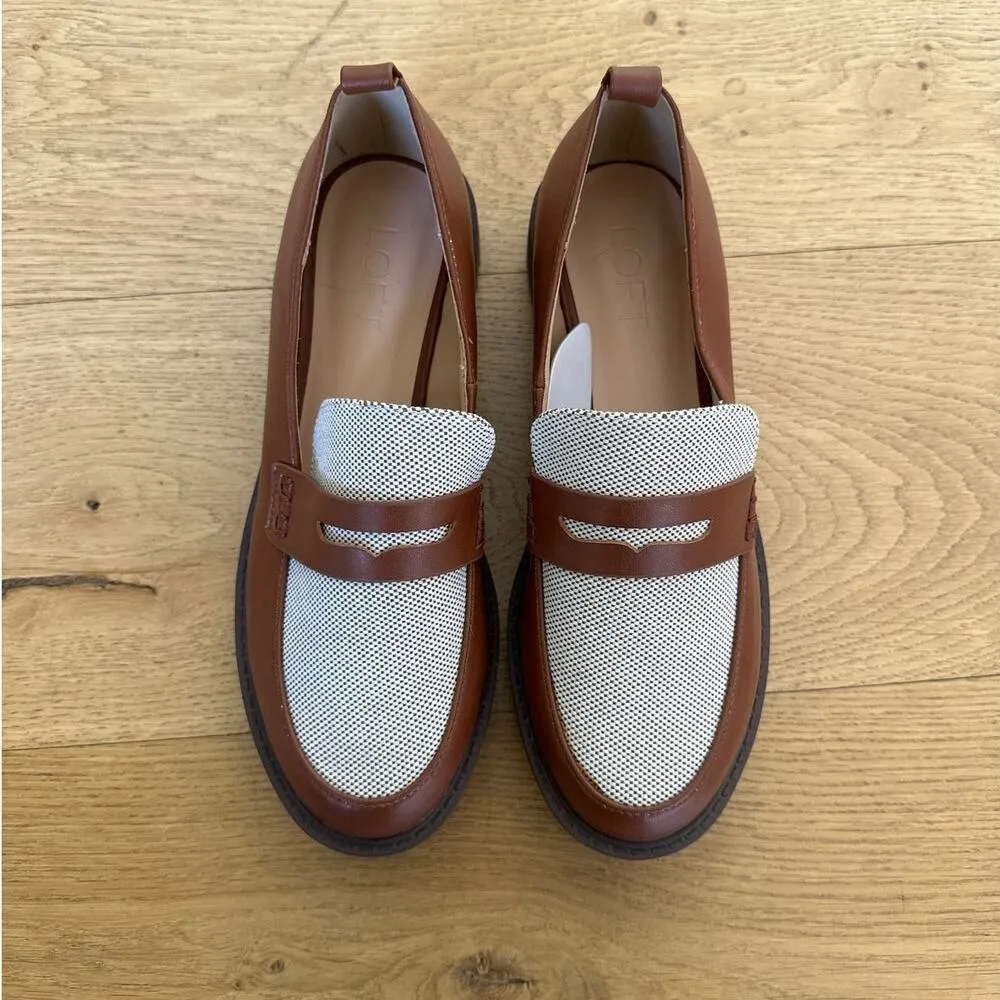 LOFT - Canvas Lug Sole Penny Loafers in Brown & Off White - Image 4
