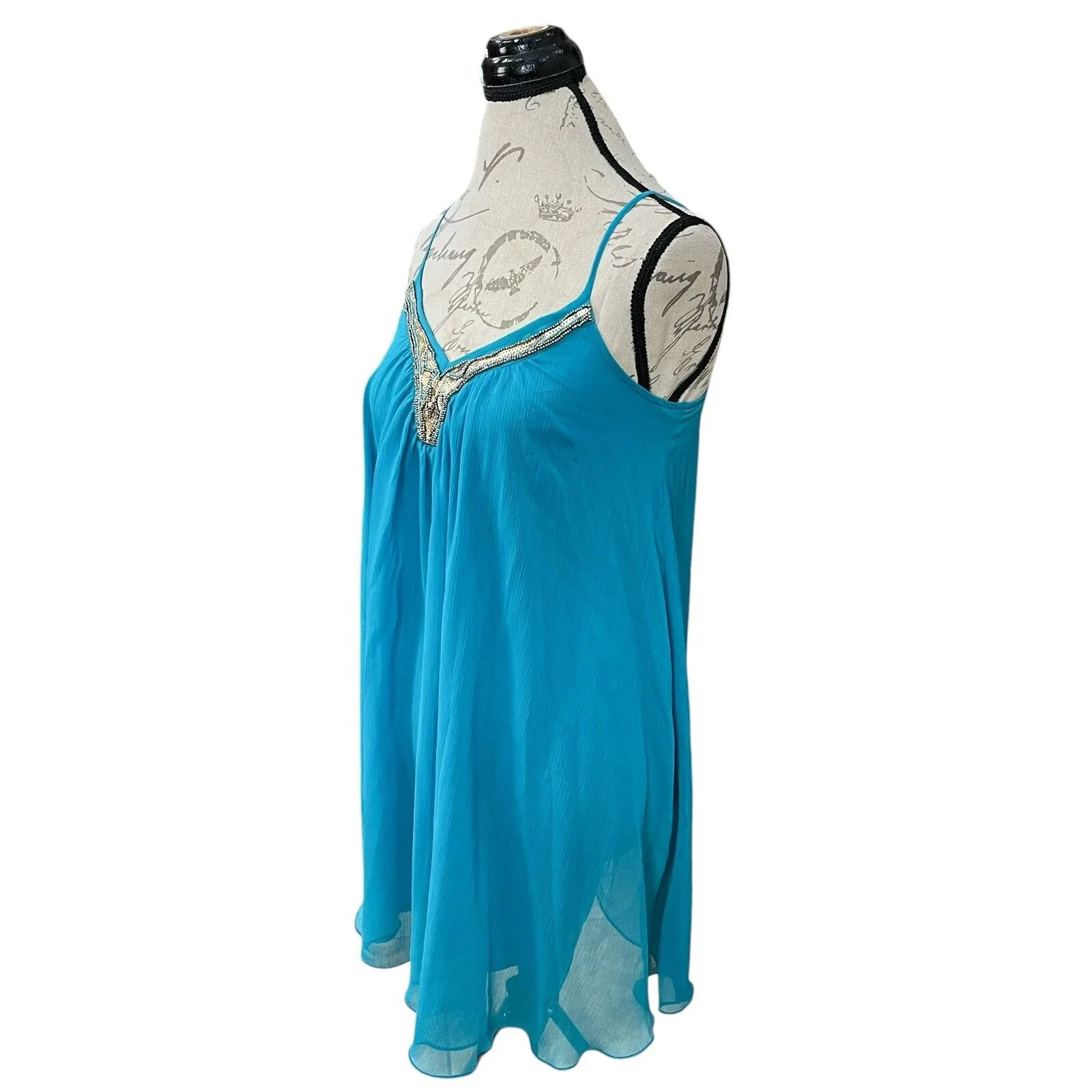 Express Womens Dress XS Chiffon Sequin Beaded Teal Blue Mini Shift Y2k 90s Retro - Image 3