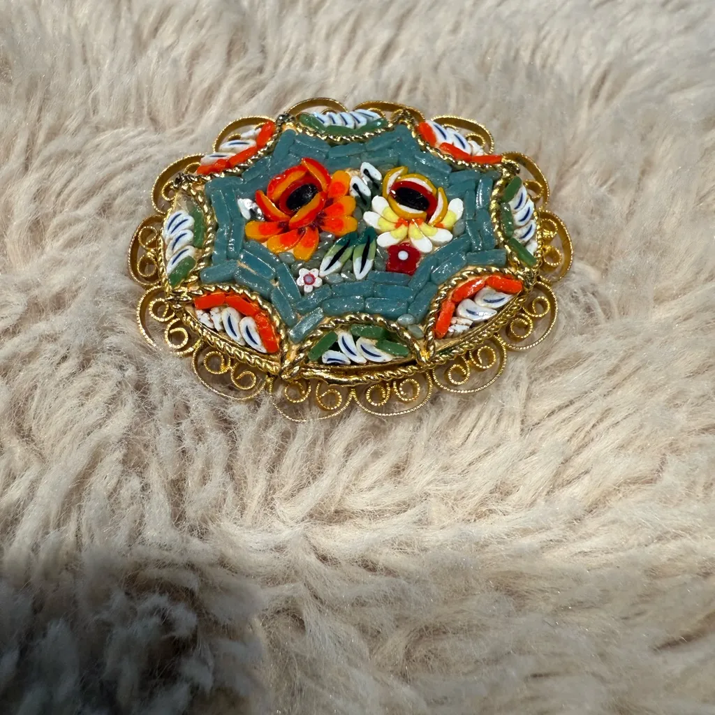 Vintage Gold Micromosaic Micro Mosaic Flower Design‎ Brooch Pin - Image 7