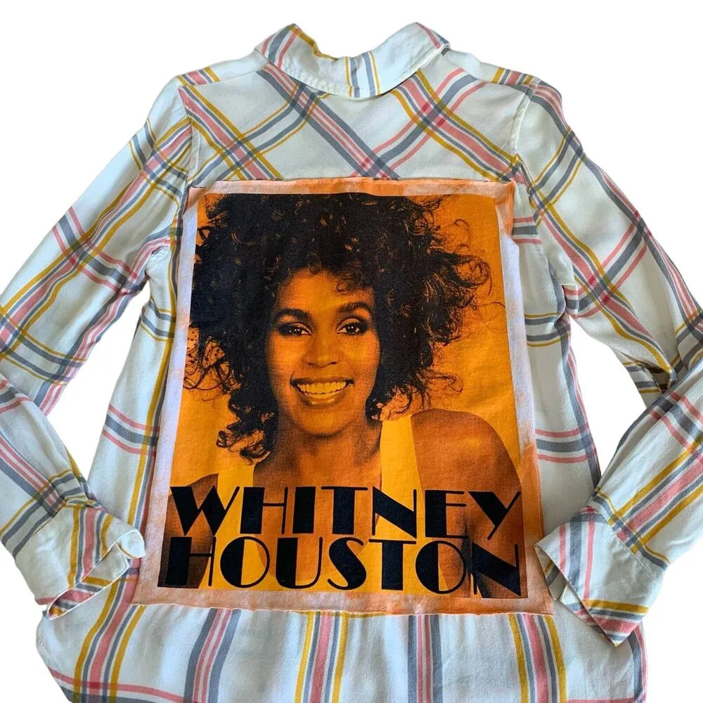 Via Penny Lane Reworked Apparel | Whitney Houston Custom Plaid Button Up Shirt Pink - Image 3