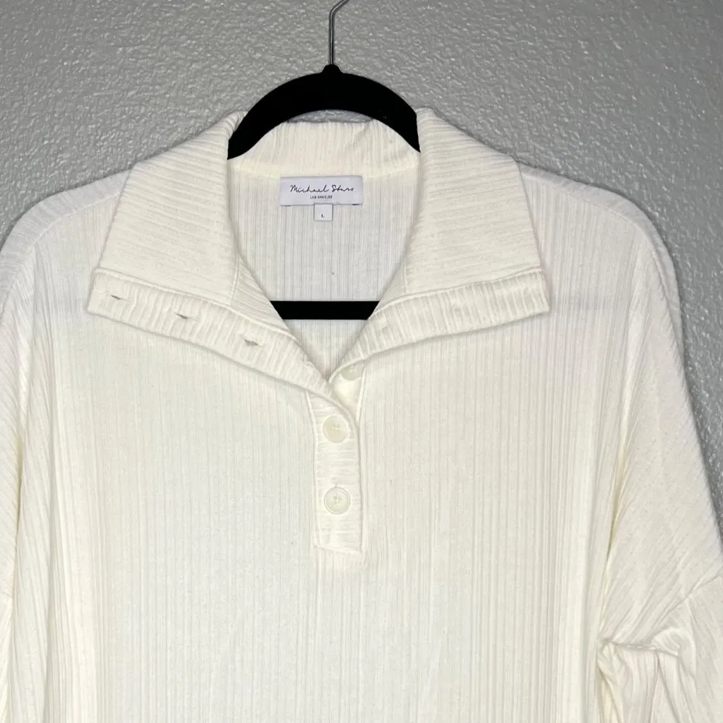 Michael Stars Popover Top Size‎ L Long Sleeve Ribbed Button Collared Cream - Image 3