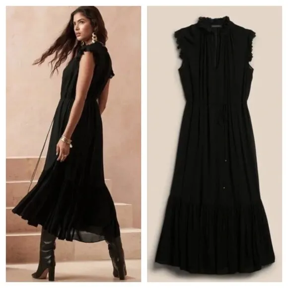 NEW Banana Republic Flounce Hem Midi Dress V-Neck Sleeveless in Black Women's M - Image 2