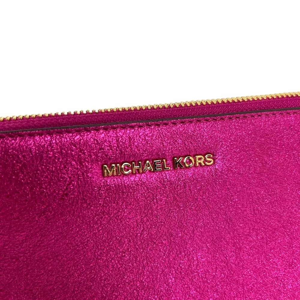 Michael Kors Jet Set Travel Metallic Hot Pink Gold Chain Pochette Bag Purse - Image 9
