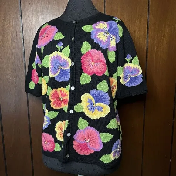 Vtg 90s David Brooks Floral Knit Button Up Cardigan Sweater XL - Image 2