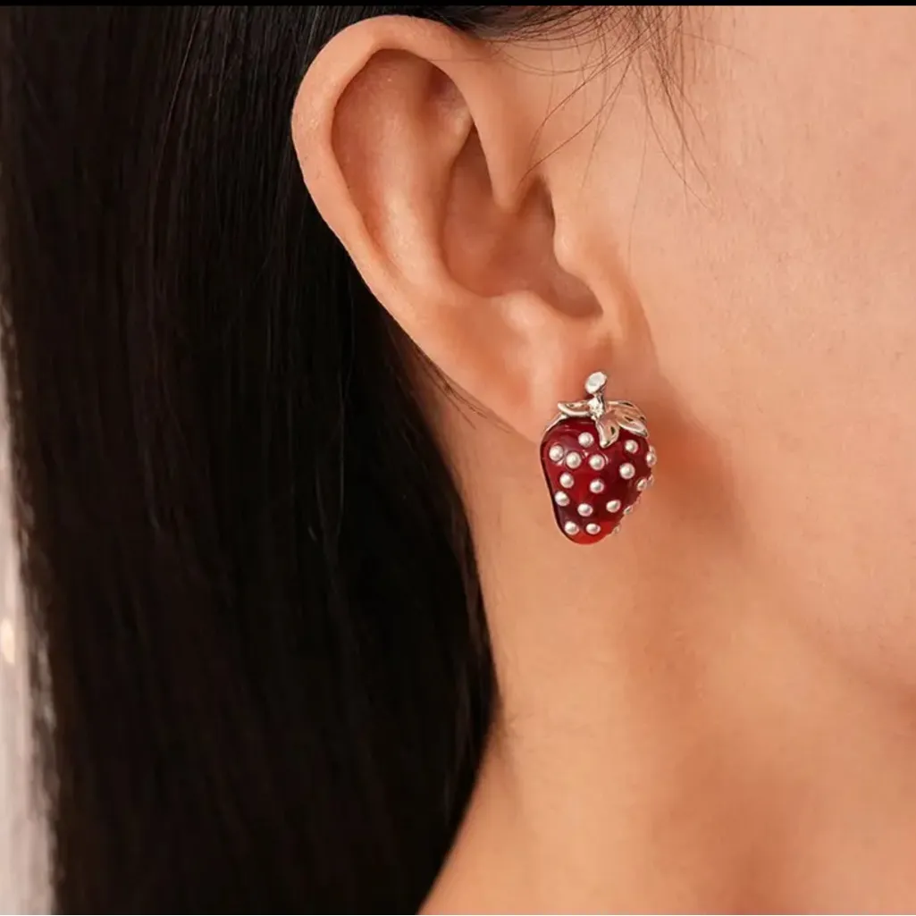 Red Strawberry Pearl Earrings - Image 3