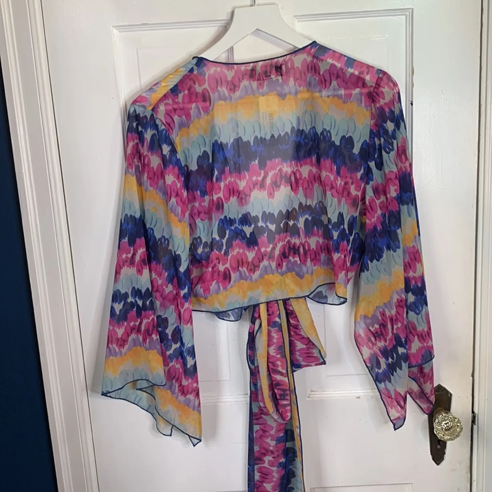 Meet Me In Miami Havana Tie Front Pink Blue Sheer Top New w tag W - Image 7