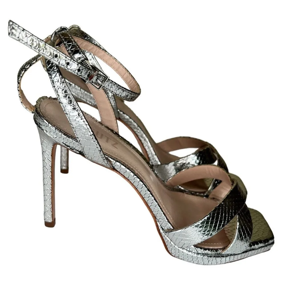 Schutz Ava Rose Heeled Sandals Metallic Snake Silver Women’s Size 7.5 B - Image 2