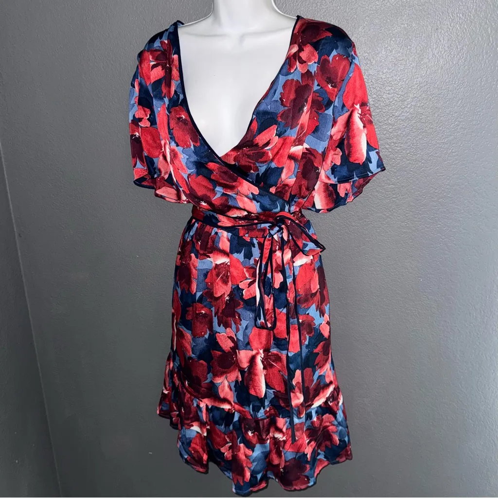 Draper James Women’s Blue & Red Floral V-Neck Wrap Short Sleeve Dress Womens XXL - Image 3