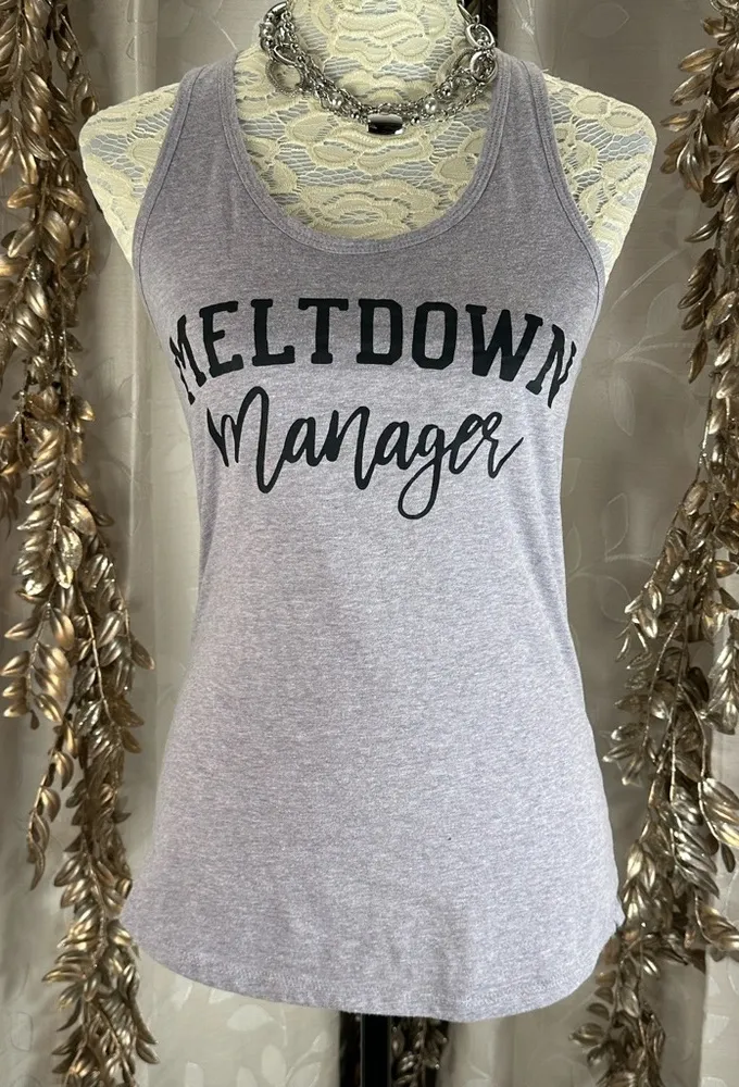 Next Level “Meltdown Manager” Racerback Tank Top Size Medium Gray Graphic Print - Image 1