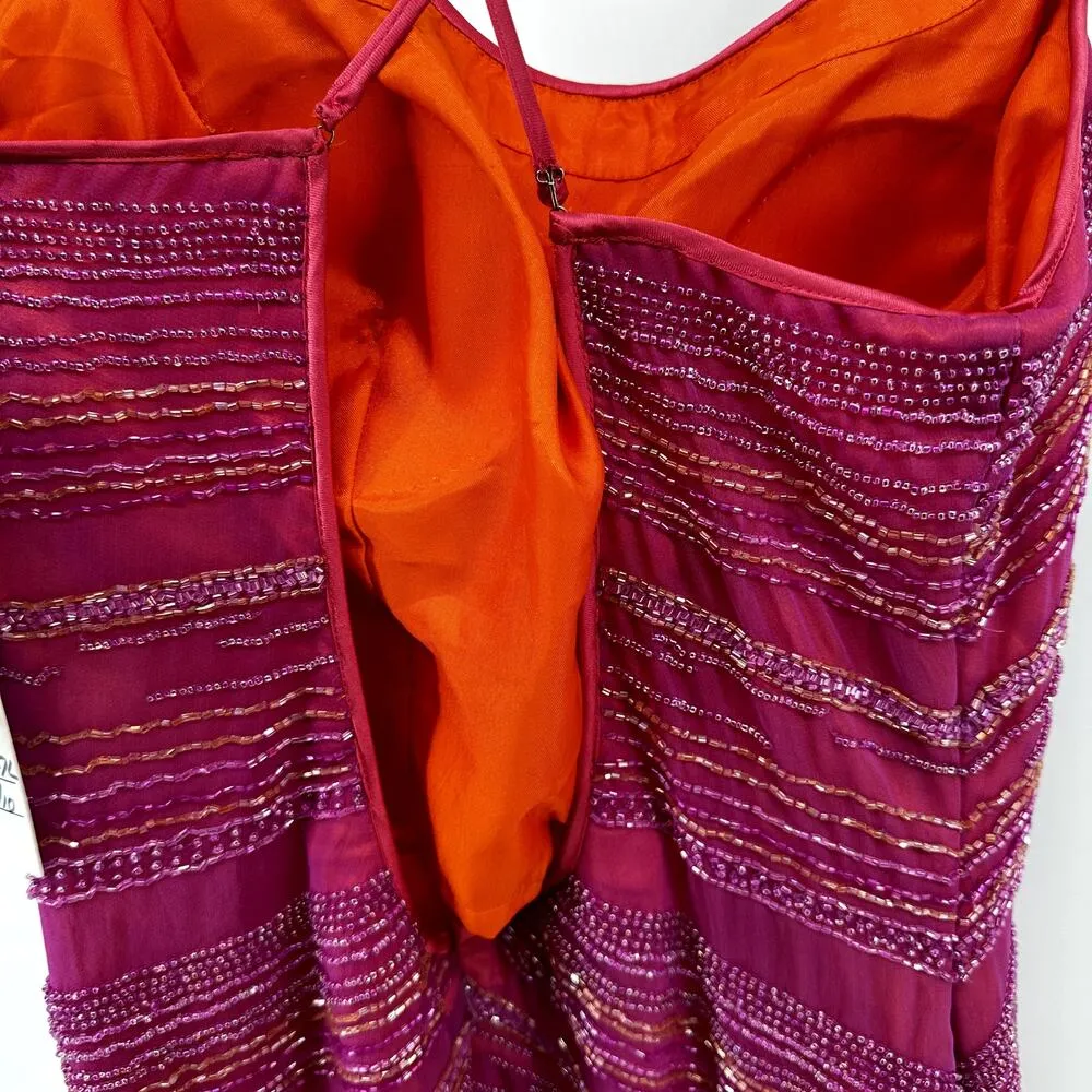 Scala Beaded Long Maxi Dress V Neck Side Slit Padded 100% Silk Pink Orange L NWT - Image 3
