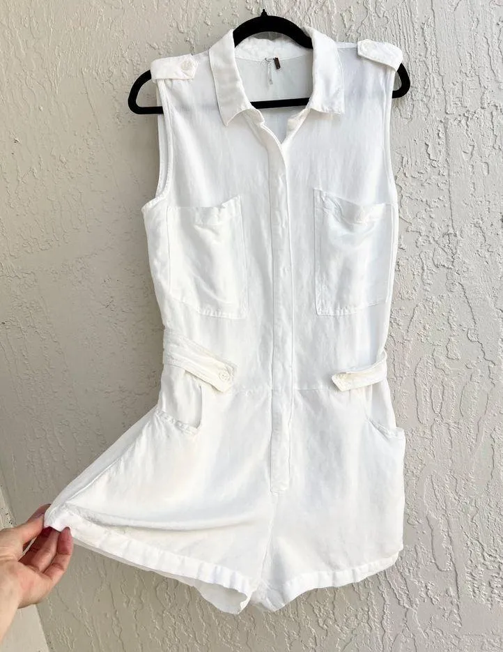 Free people Sleeveless Linen Blend Collared Romper White Women's Size Medium - Image 2